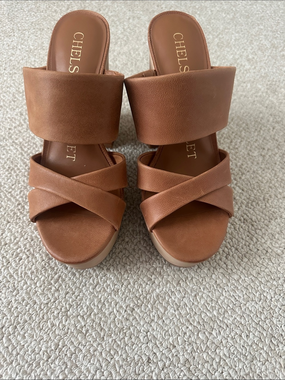 Chelsea & Violet Cognac Wide-Strap Slide Mules